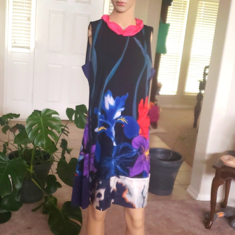 Tahari 6 mixed decadent floral print ruched pink crewneck shift